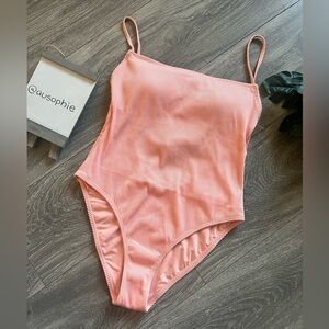 Garage denim ribbed one piece swimsuit in peach. Size M NWOT!
